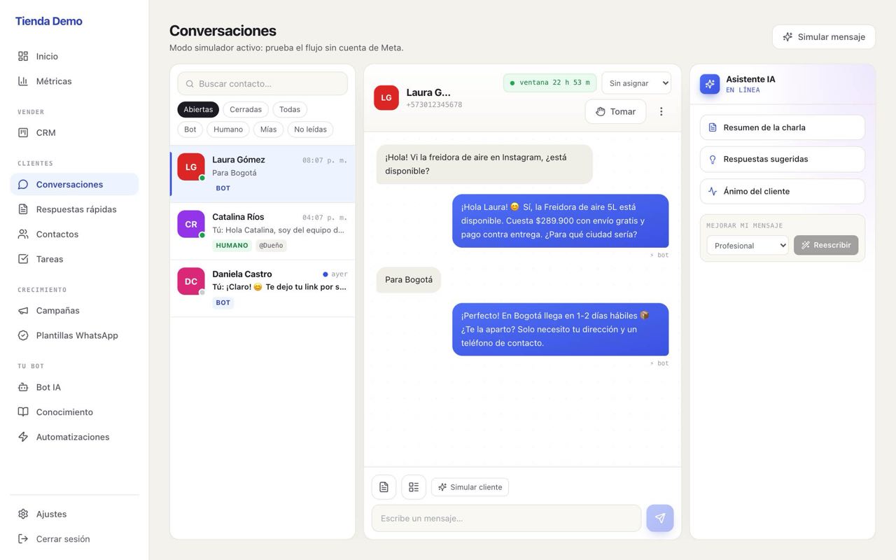 Bandeja de conversaciones de Klientia con la IA cerrando una venta contra entrega